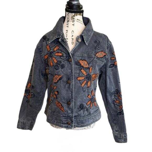 Christopher & Banks boho denim floral Embroidered Jean Jacket Womens Medium EUC - Picture 8 of 8